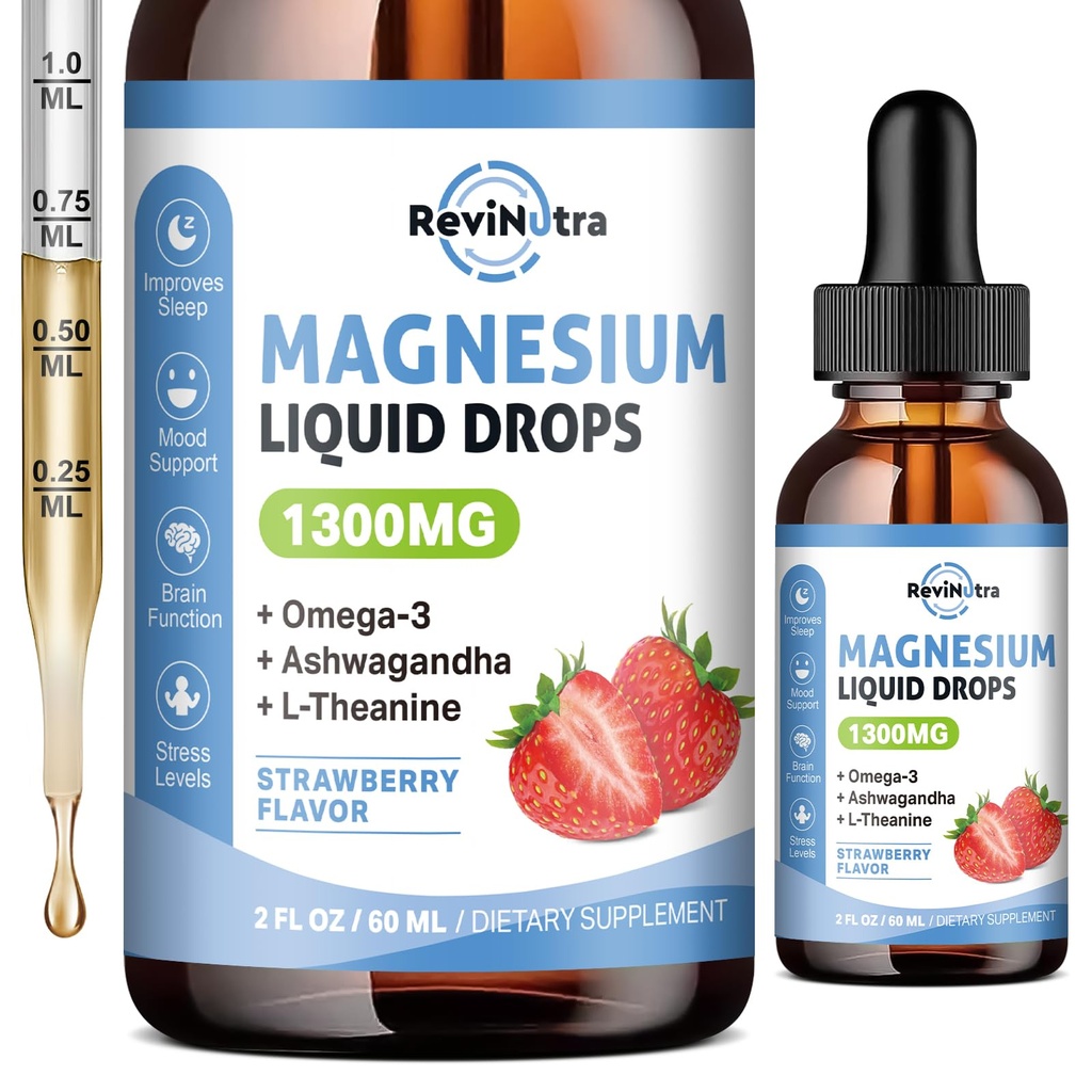 Triple Magnesium Complex Liquid Drops, 1300mg Magnesium Glycinate, Taurate & Citrato con Omega3, L-Theanine, Ashwagandha, Potassium, D3, B6, B12 para calma, sueño, musculo, sabor a fresa, 2 Fl OZ