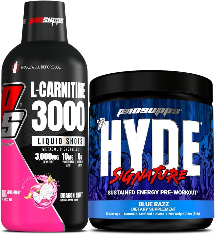 PROSUPPS L-Carnitine 3000 Stimulant Free Liquid Shots (Dragon Fruit) y Mr. Hyde Signature Series Pre-Workout Energy Powdered Drink (Blue Razz) Bundle