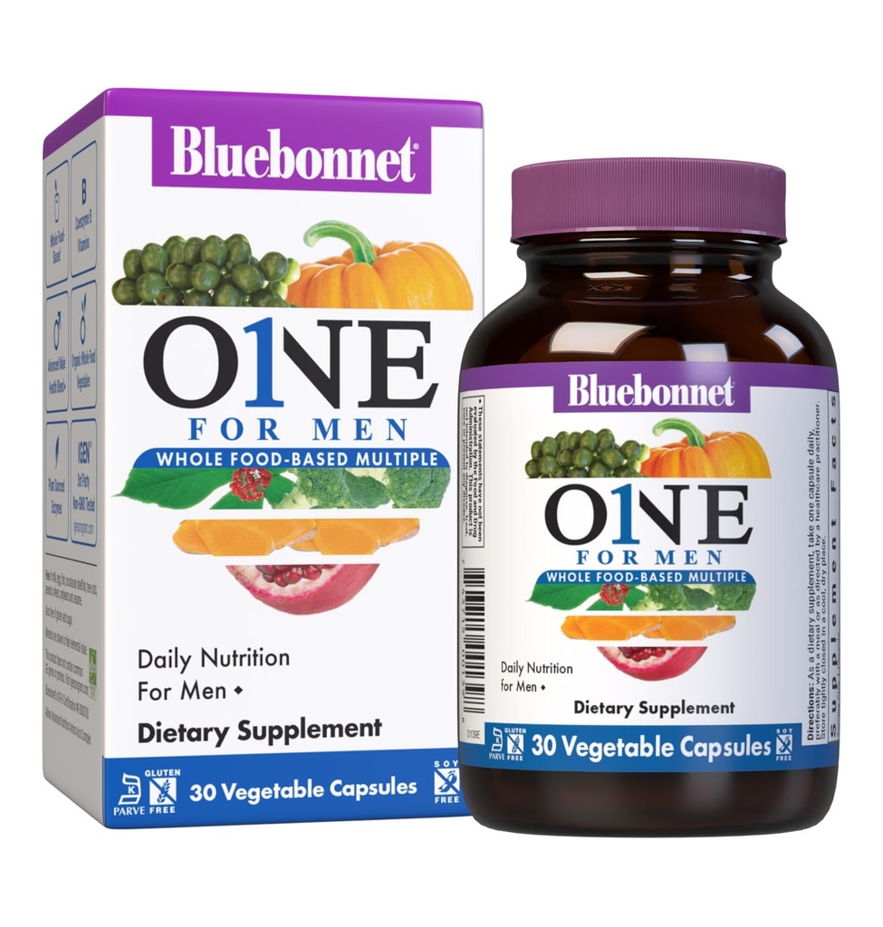 Bluebonnet Nutrition One for Men Whole Food-Based Multiple, Daily Nutrition*, Non-GMO, Vegetarian Friendly, Kosher, Gluten-Free, Soy-Free, Dairy-Free, Iron Free, 30 Vegetable Capsules, 30 Servidores