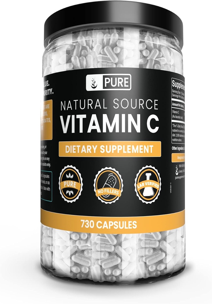 Ingredientes originales puros Vitamina C (730 capsules) No hay rellenos de magnesio o arroz, siempre puros, lab verificados