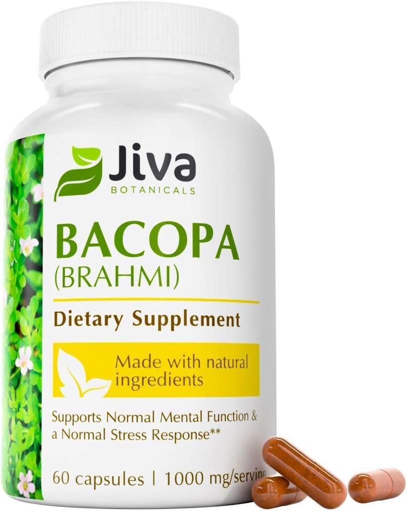 Jiva Botanicals Bacopa Monnieri Suplemento Puro 1000mg por Serving - High Potency Bacopa Monnieri (Brahmi) > Extracto para cerebro normal, Focus, & Memory Support - Herbs ayurvédico - 60 cápsulas
