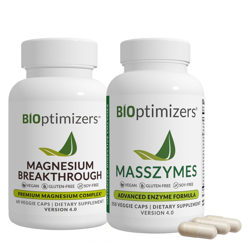BiOptimizers Magnesium Breakthrough 4.0, (60 Capsules) & MassZymes 4.0, (250 cápsulas) - Natural Sleep, Brain, and Digestive Health Support Suplemento Bundle