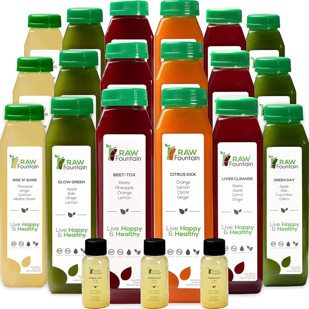 3 Día Jugo Cleanse by Raw Fountain, All Natural Raw Detox Cleanse, Juicing for Body Rest, Cold Pressed Juice Fast, Great Way to Jumpstart a Healthy Diet, 18 Bottles 12oz, 3 Ginger Shots
