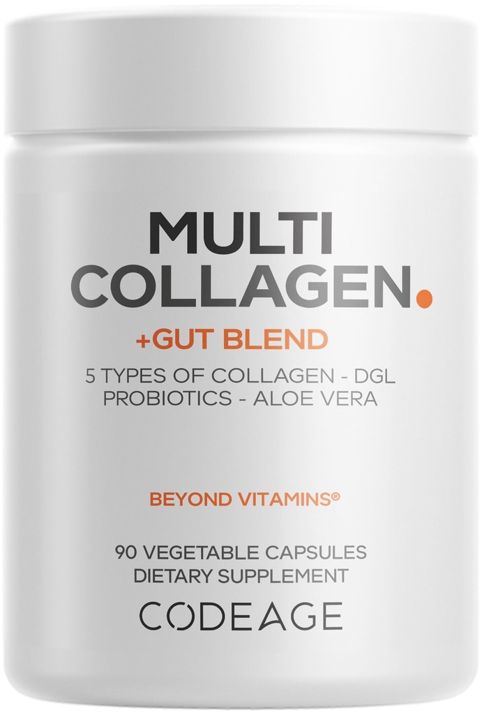Codeage Multi Collagen + Gut Blend Supplement - Digestive Probiotics, DGL Licorice, Aloe Vera, Organic Peppermint Leaf, Slippery Elm - Hydrolyzed Bovine Collagen Pills - Non-GMO - 90 Capsules