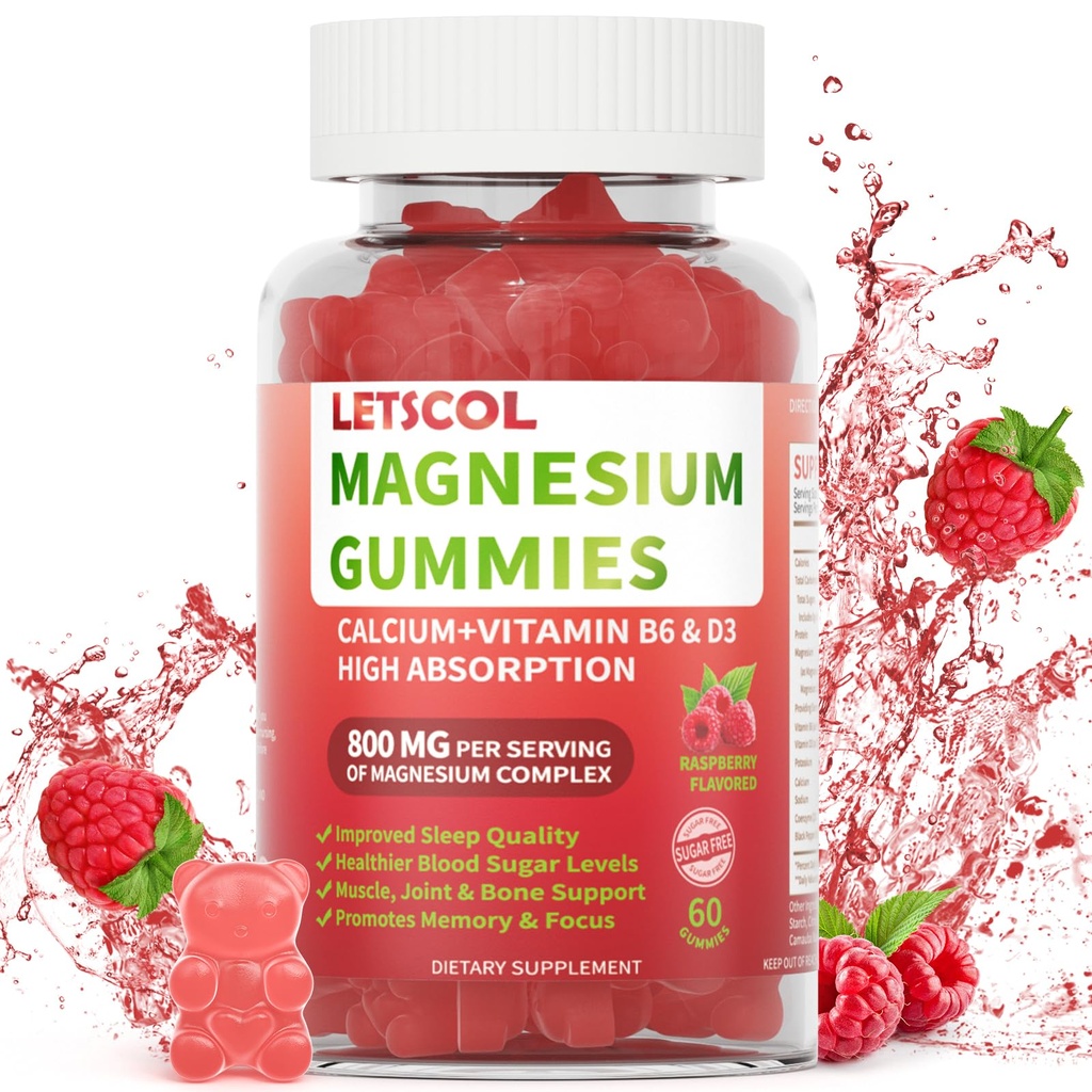 Magnesio Glycinate Gummies 800mg Por Serving, Suplemento de Magnesio Libre de Azúcar con Magnesio Malate, Calcio, Vitamina D3, B6, CoQ10 para el Soporte Calma &amp; Dormir para Adultos Niños