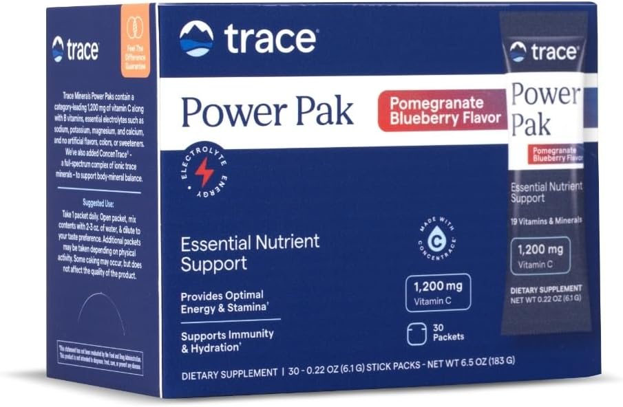 Trace Minerals Power Pak Multivitamin y Packets Multimineral - Electrolyte Support - 1200 mg Vitamina C Plus 70 Pomegranate Blueberry Flavor - 30 Packets
