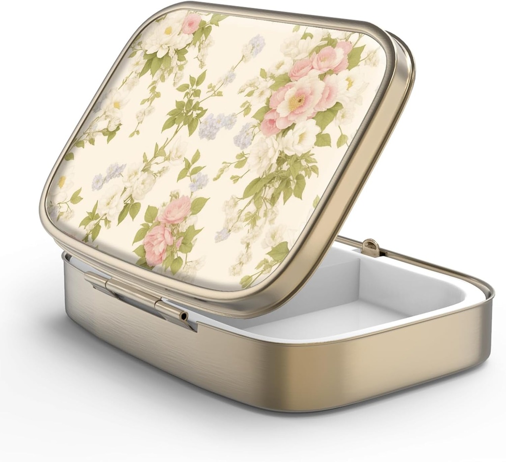 Pill Case Pill Box con Mirror Retro 2 Compartment Caja pequeña de pill para purés o bolsillo Bronce Rectangular Pill Box o Vitaminas, Aceite de pescado, Suplementos, Pill Containe Travel Gifts(Vintage Floral)