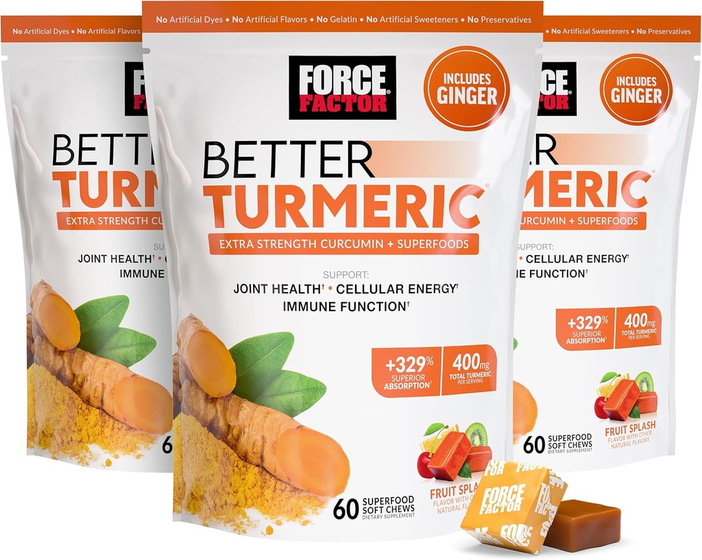 Factor de fuerza Mejor Turmérico Soporte Conjunto Suplemento para la salud conjunta de estrés extra, con hidro Curc Turmeric Curcumin with Black Pepper for Superior Absorption, Fruit Splash, 180 Soft Chews
