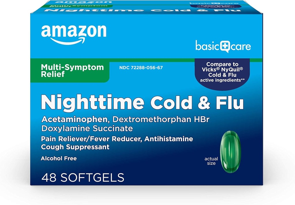 Amazon Basic Care Nighttime Cold and Flu Relief Softgels, 6 horas de medicina fría, depende de los síntomas principales de la gripe para que pueda descansar, 48 cuenta (Pack of 1)