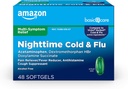Amazon Basic Care Nighttime Cold and Flu Relief Softgels, 6 horas de medicina fría, depende de los síntomas principales de la gripe para que pueda descansar, 48 cuenta (Pack of 1)