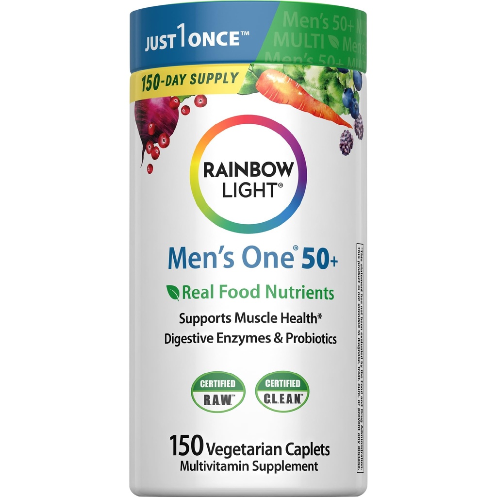 Multivitamina de luz arco iris para hombres 50+, Vitamina C, D &amp; Zinc, Probióticos, Hombres Uno 50+ Multivitamínico proporciona soporte de inmunodeficiencia alta, no GMO, vegetariano, 150 Tabletas
