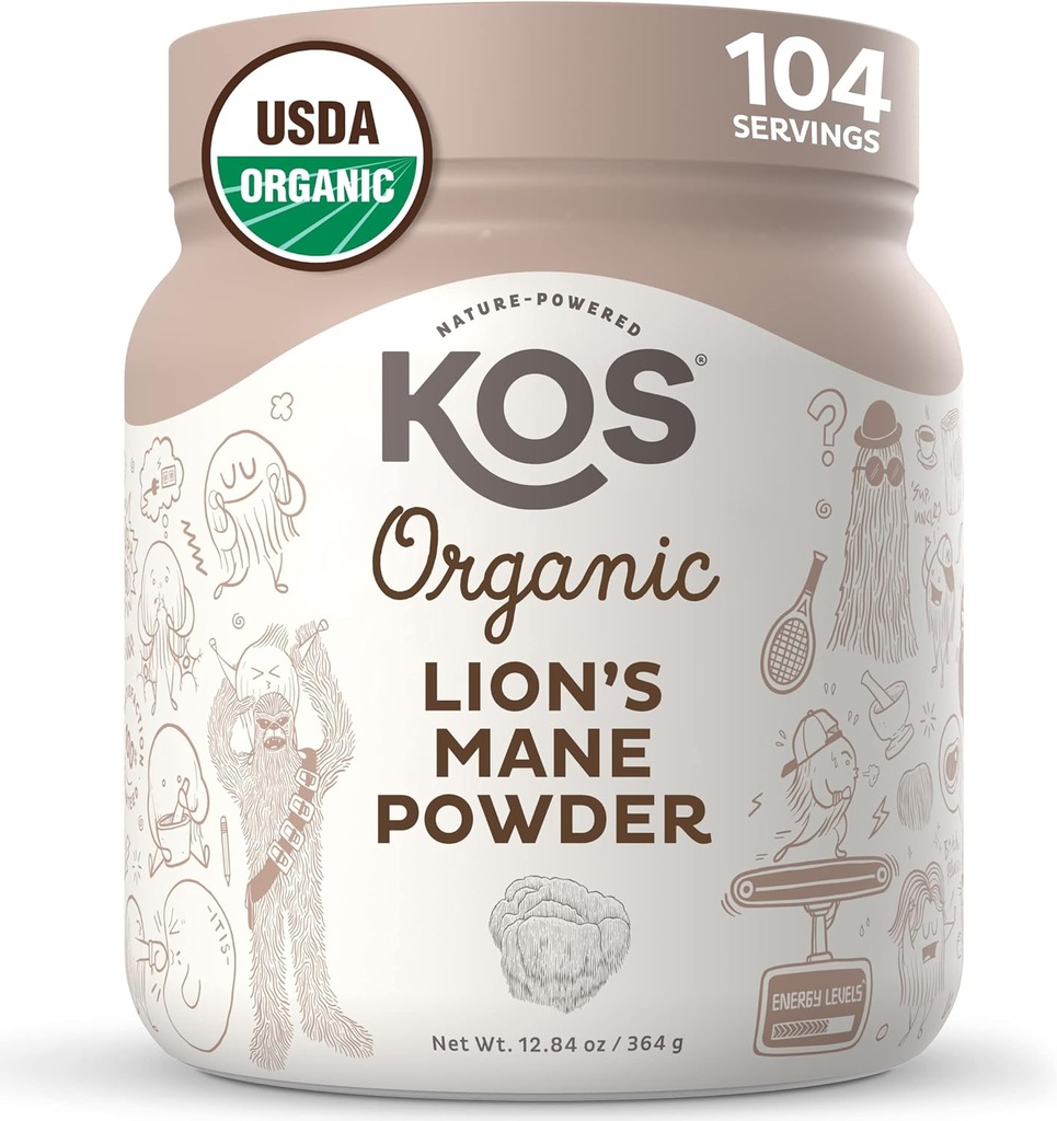 KOS Organic Lion's Mane Powder - Natural Nootropic Superfood - Vegan Funal Mushroom, Planta Basada, USDA Certified, Non-GMO, Soy & Gluten-Free - 104 Servimientos