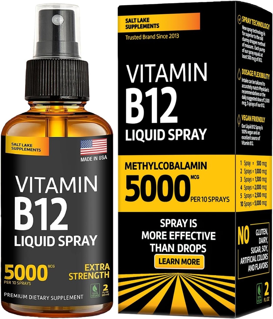 Vitamina B12 Spray sublingual 5000 mcg – Metilcobalamina Vegan Líquida B12 Boost Energy, Mood & Brain Health - Gluten-Free, Non-GMO B12 Spray for Men & Women - Easy Dosage (5000 mcg in 10 Sprays)