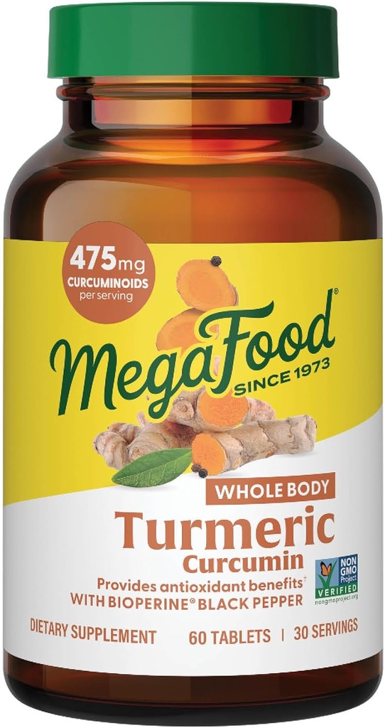 Suplemento de la Curcumina del Cuerpo de MegaFood - Suplemento Turmérico con Pepper Negro & Vitamina C - 475 mg Curcuminoides Por Servir - Antioxidante & Apoyo Inmunitario - Vegan - 60 Tablas, 30 Serviciones