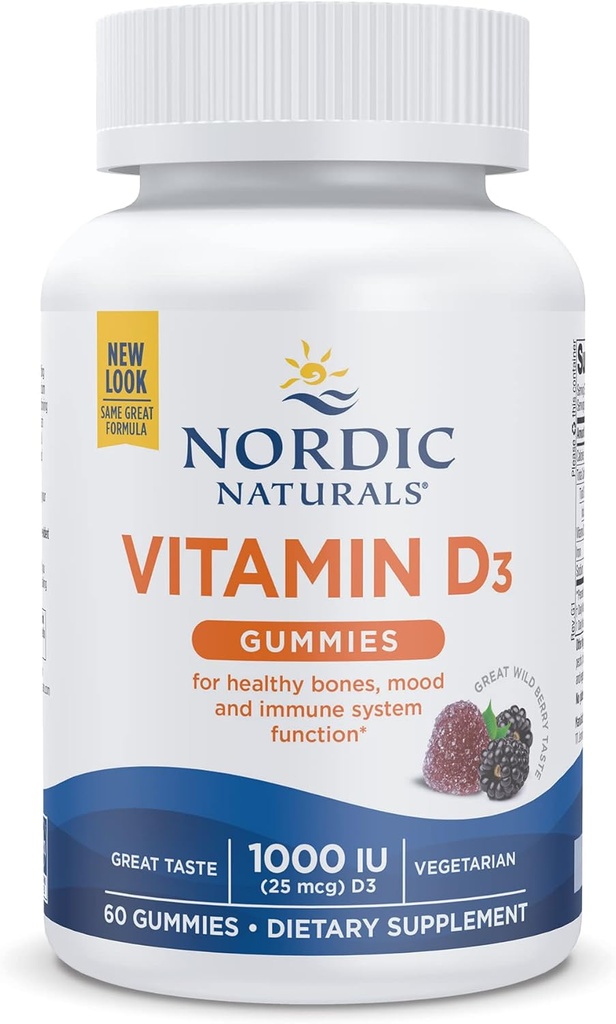 Naturales nórdicos Vitamina D3 Gummies, Berry silvestre - 60 Gummies - 1000 UI Vitamina D3 - Gran sabor - Huesos saludables, Mood & Función del sistema inmunológico - No GMO - 60 servicios