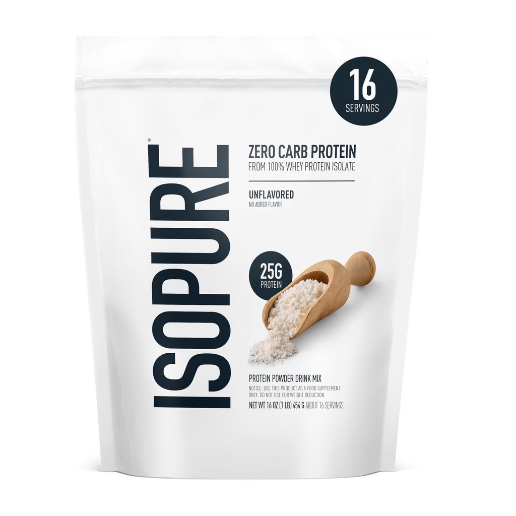 Isopure Zero Carb 100% Pure Whey Isolate Protein Powder, Lactose Free, Gluten Free, with Vitamins, Unflavored, 25g Protein Por Serving, 1 Lb, 16 Servings (Packaging May Vary)
