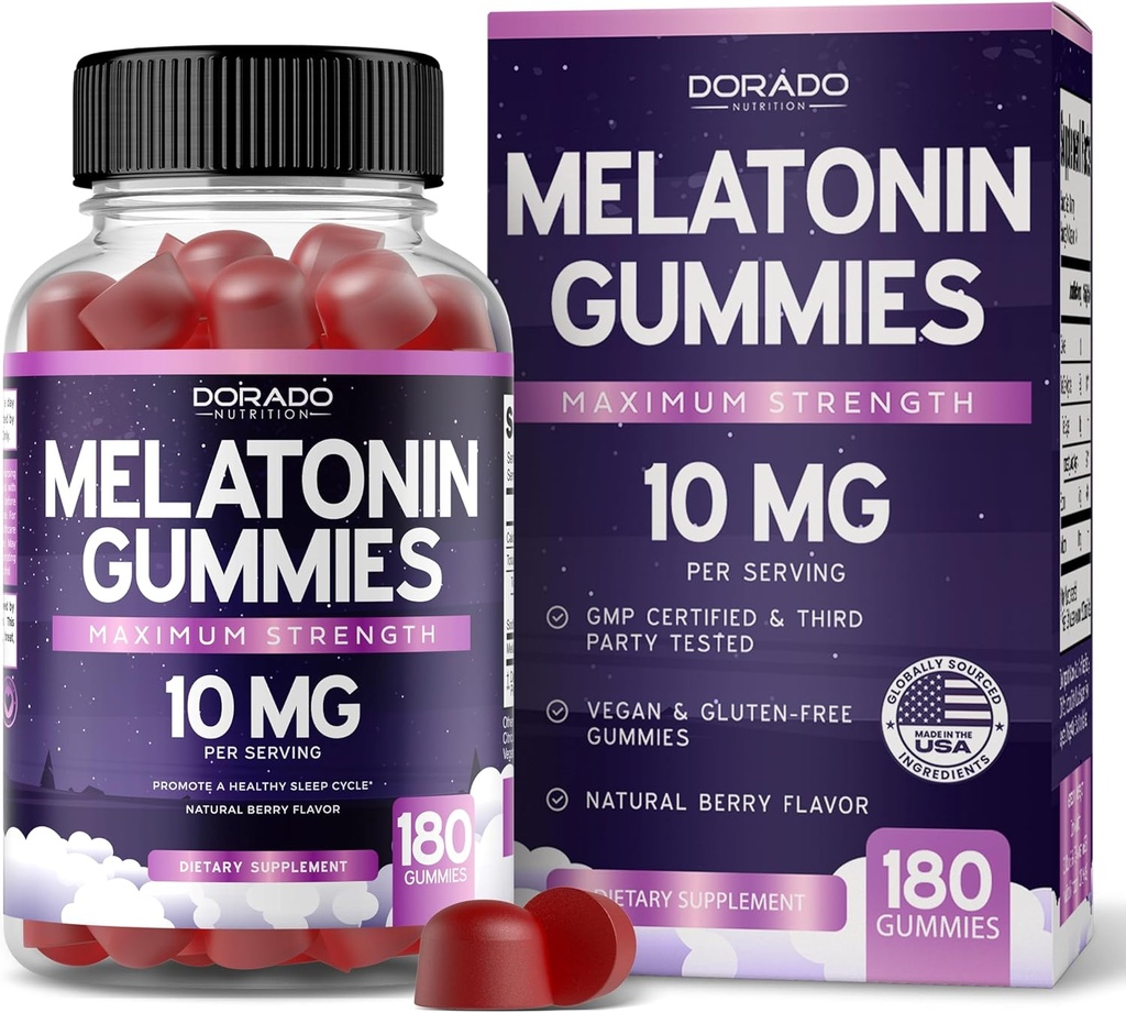 Melatonin Gummies 10mg para adultos (180 conteo) - Quick Dissolve Melatonin Gummies - Gummy para adultos Contiene 10mg - High Potency - Mixed Berry Flavor - Non-GMO, Vegan Suplemento & Made in USA