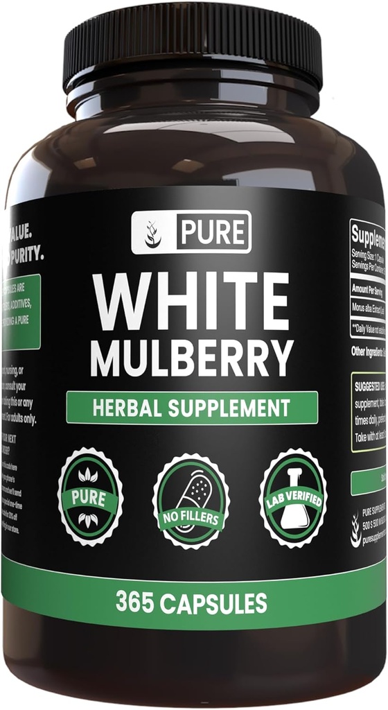 Ingredientes originales puros Mulberry blanca (365 capsules) No hay magnesio o rifles de arroz, siempre puros, laboratorio verificado