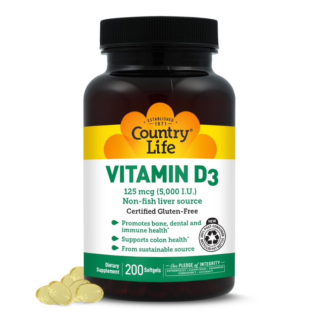 Vida País Vitamina D3 5000 UI para Salud Inmune y Hueso, Absorción de Calcio y Salud Colon - Fuente Sostenible de Lanolin, Disponible en Diversas Fuerza