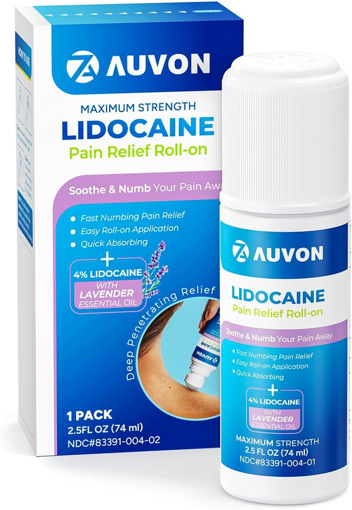 AUVON Lidocaine Roll-On with Essential Oil, No Mess Applicator, Max Strength Lidocaine,Quick Absorbing to Numb & Soothe Pain Relief for Knees, Hombros, FSA/HSA Eligible, Lavender, 2.5 OZ, 1 Pack