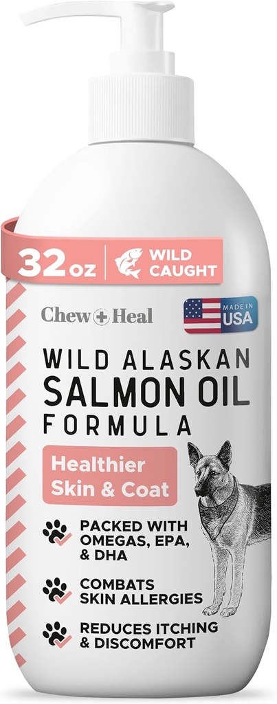 Aceite de pescado de salmón salvaje de Alaska para perros - 32 oz. de Fórmula de aceite de pescado - Botella de la bomba - Contiene Omega-3 y 6, Vitamina D, EPA y DHA para la piel sana y la carne