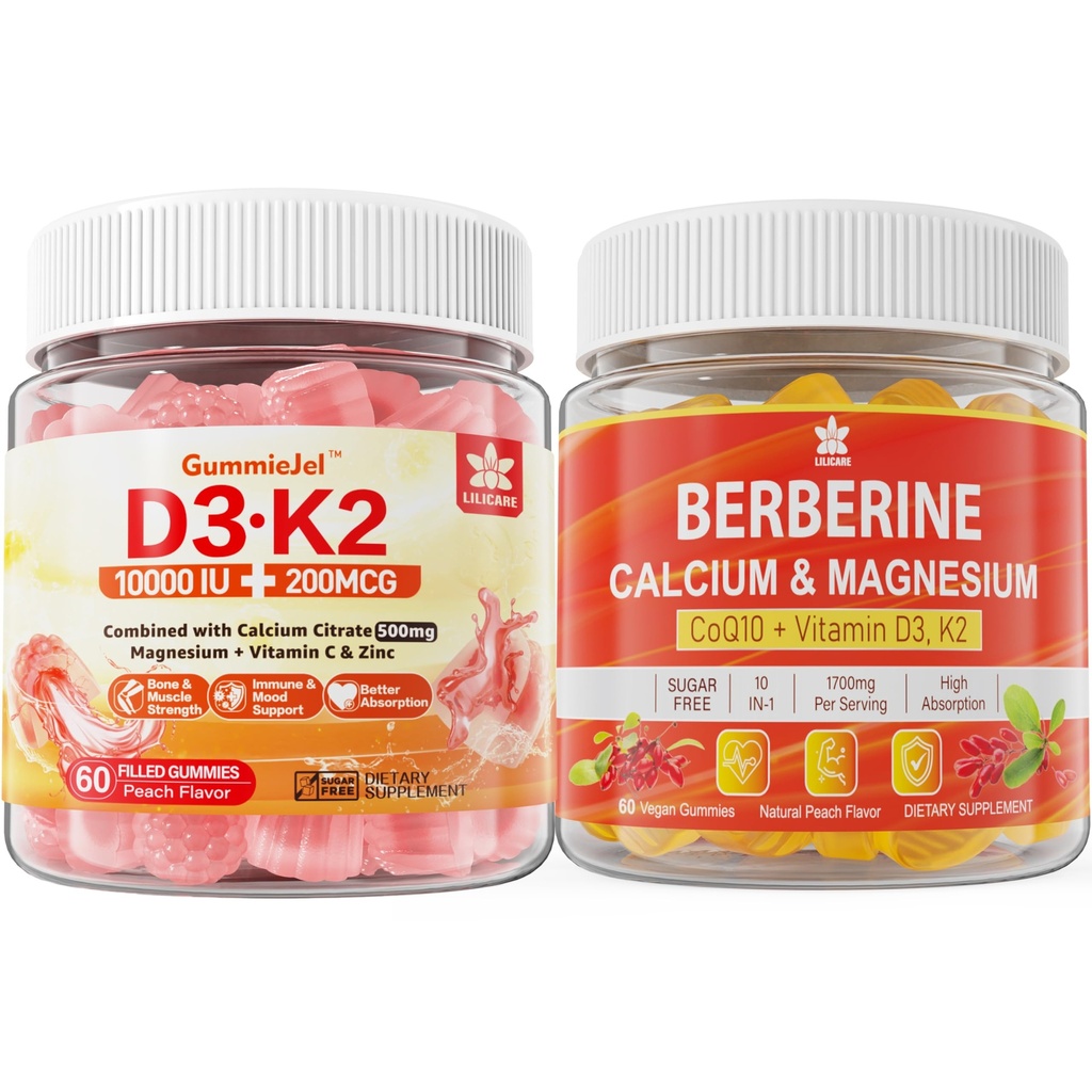 Vitamina libre de azúcar D3 K2 Gummies con calcio, citrato de magnesio, vitamina C + suplemento de bereberina Gummies, con bereberina litomal " Berberina HCI, calcio, magnesio