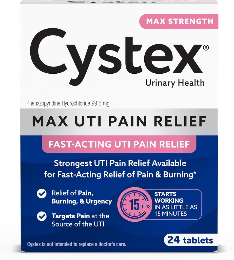 Cystex Maximum-Strength UTI Tablas de alivio del dolor - 99,5 mg Phenazopyridine HCl para el alivio rápido de incomodidad de la vejiga - 24-Count