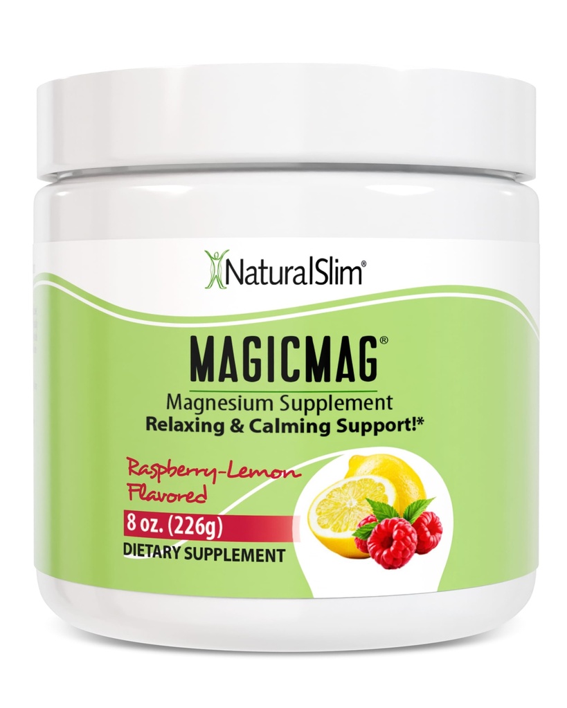 NaturalSlim Magicmag Puro Magnesio Citrate Powder Estrés, Estreñimiento, Muscle, Heart Health y Sleep Support ← Raspberry Lemon Magnesium Suplemento - 8oz Drink Mix (Solo)
