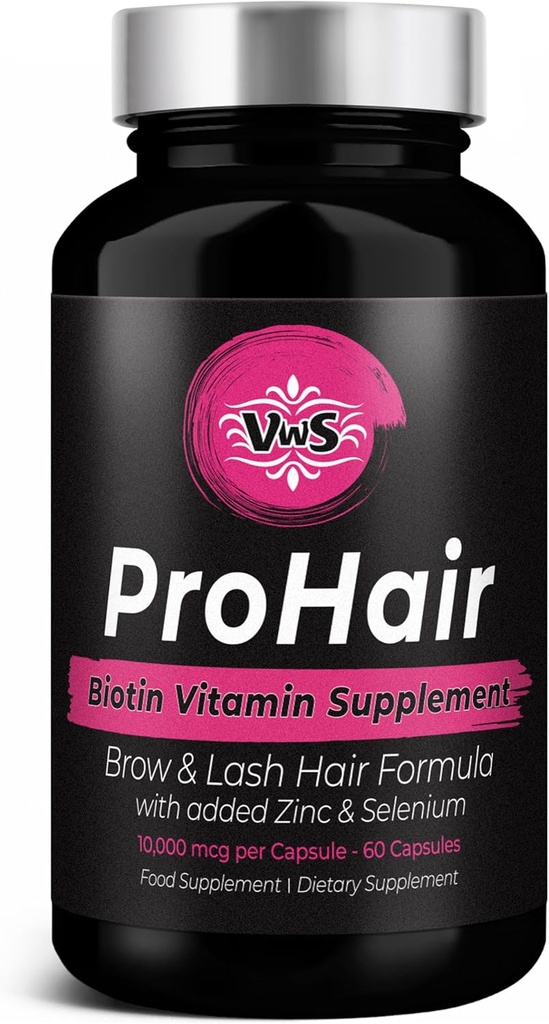 VWS Biotina 10,000 mcg Suplemento dietético w/Zinc & Selenium para promover el crecimiento del cabello delgado, uñas más fuertes & piel sana para mujeres y hombres, 60 cápsulas veganos