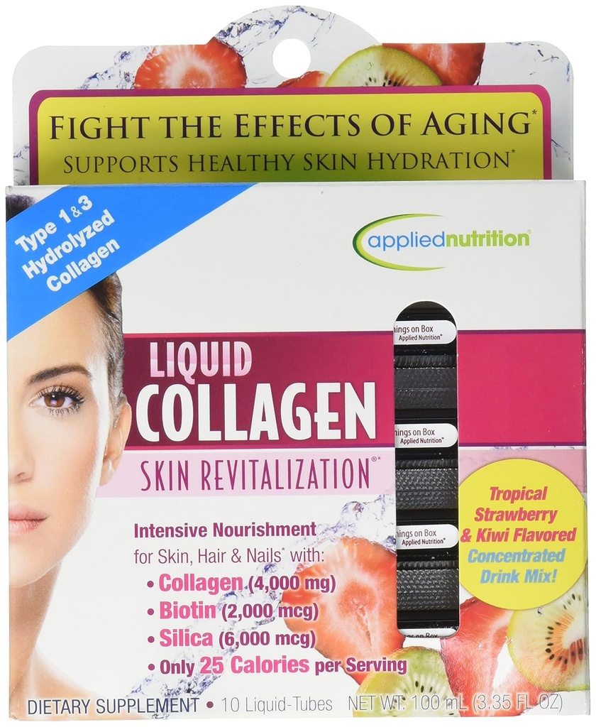 Nutrición aplicada Revitalización de la piel del colágeno líquido - 10 Tubos líquidos - Collagen, Biotin & Silica - Fresa tropical " Kiwi Flavor " - 10 servicios