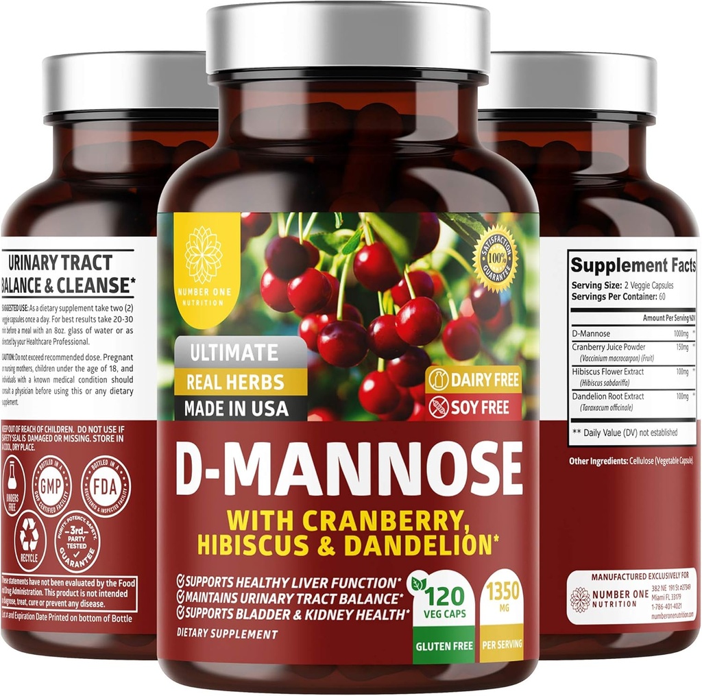 Número 1 Nutrición Premium D Mannose Suplemento para Mujeres y Hombres [Max Strength, 1350MG] Natural D-Mannose con Arándano, Hibiscus y Dandelion para la Salud de la Tracto urinaria, 120 Conde
