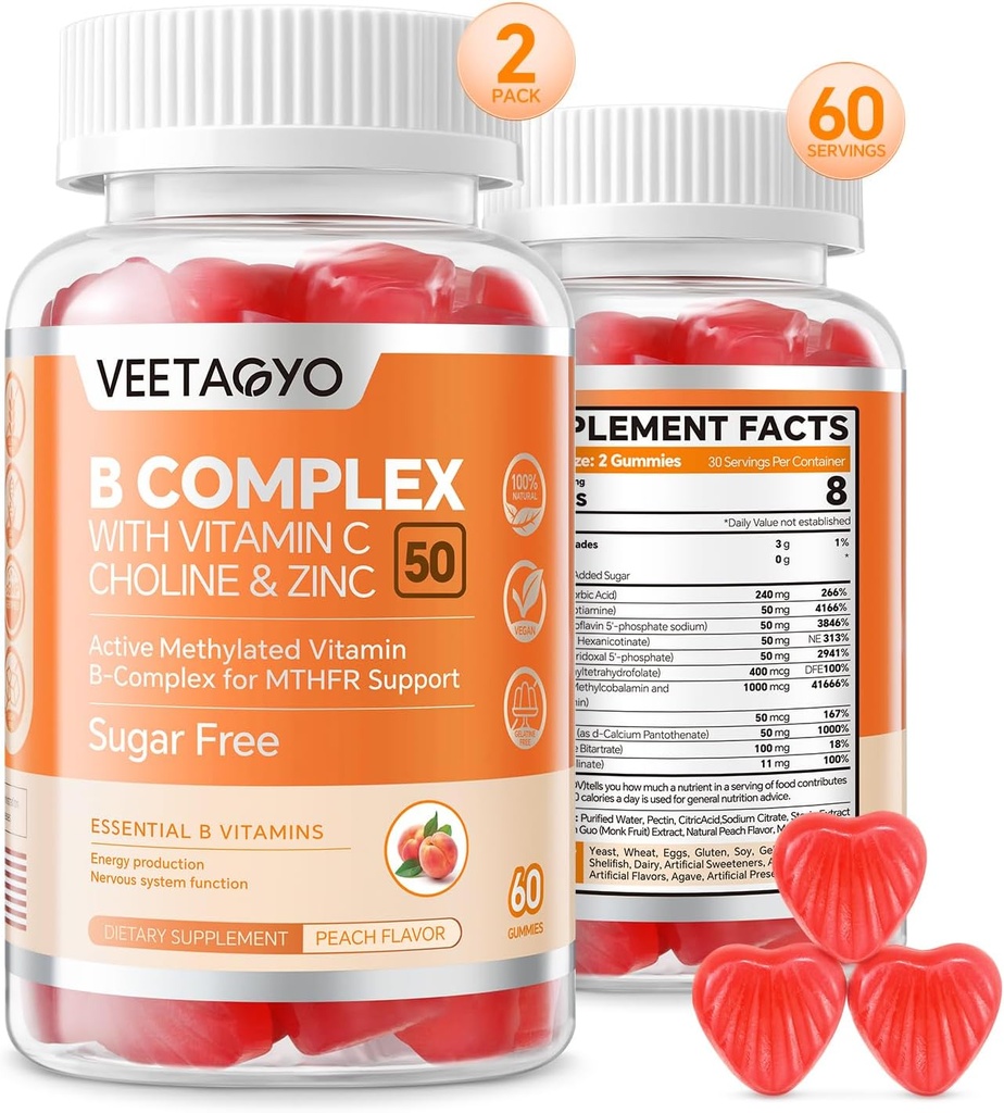 Complejo B 50 Gummies , Complejo B Meditado con Vitamina C,Choline & Zinc - Active Methylated B-Complex for Energy,Methylated Support - All B Vitamins - B1,B2,B3,B5,B6,B7,B9,B12 - Sugar Free,120 Conteo