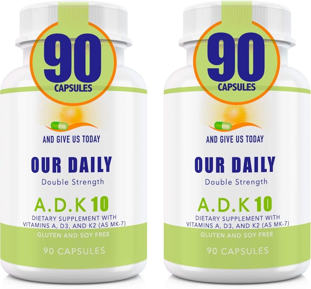 Nuestros Vites diarios ADK 10 doble fuerza (10.000 iu) vitaminas A1, D3 & K2 (como MK7) - Fisiciana bonificación & soporte del sistema inmunológico - Gluten libre, no GMO - 180 cápsulas vegetarianas