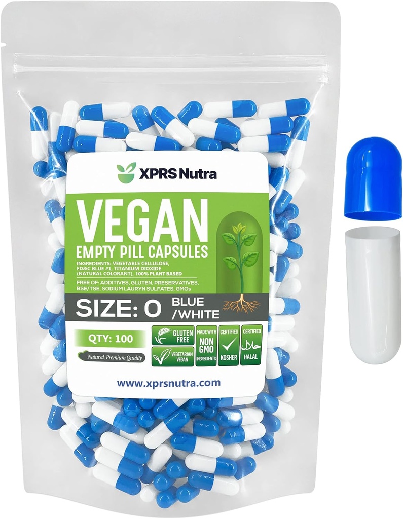 XPRS Nutra Size 0 Empty Capsules - 100 Count Empty Vegan Capsules - Vegetarian Pills - DIY Vegetable Capsule Filling - Veggie Pill Caps for Do-It-youself Suplements (Blue/White)