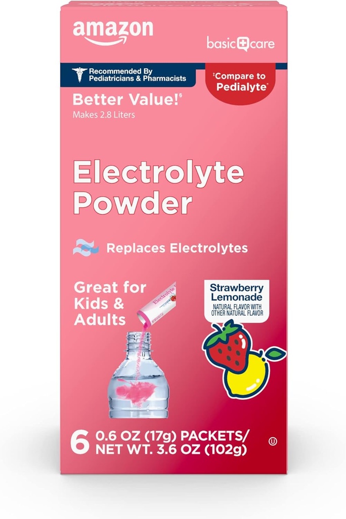 Amazon Basic Care Electrolyte Powder Packets, Strawberry Lemonade, 6 Conde (Pack of 1)