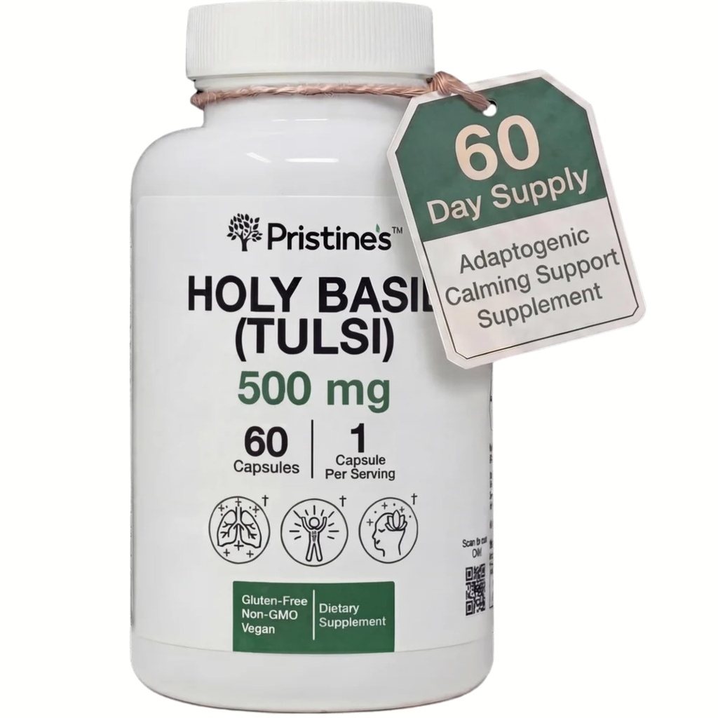 PriSTINE'S Holy Basil Capsules - 500 mg Gluten Free Immunity & Relax Support Adaptogen Suplemento - 60 Day Supply - Tulsi Holy Basil Leaf Extract Capsules - Vegan - Non-GMO