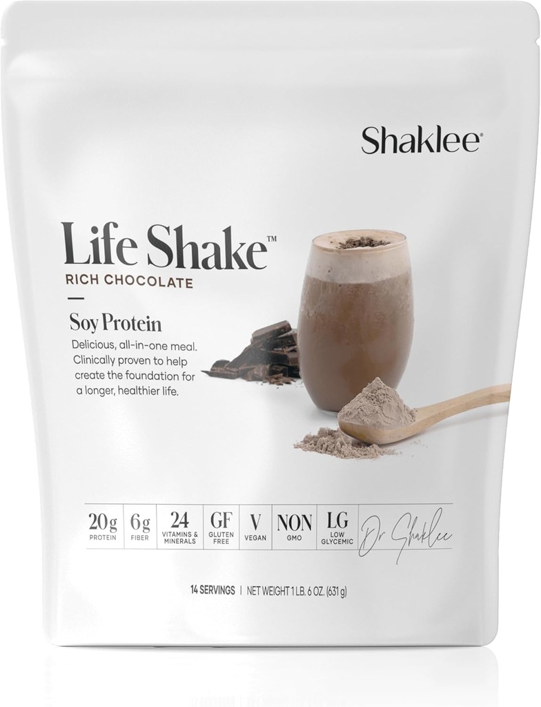 Shaklee Life ShakeTM Soy Protein Rich Chocolate - Reemplazo completo de carne con 20g Proteína, fibra de 6g, 24 vitaminas " minerales - No GMO - 14 servicios