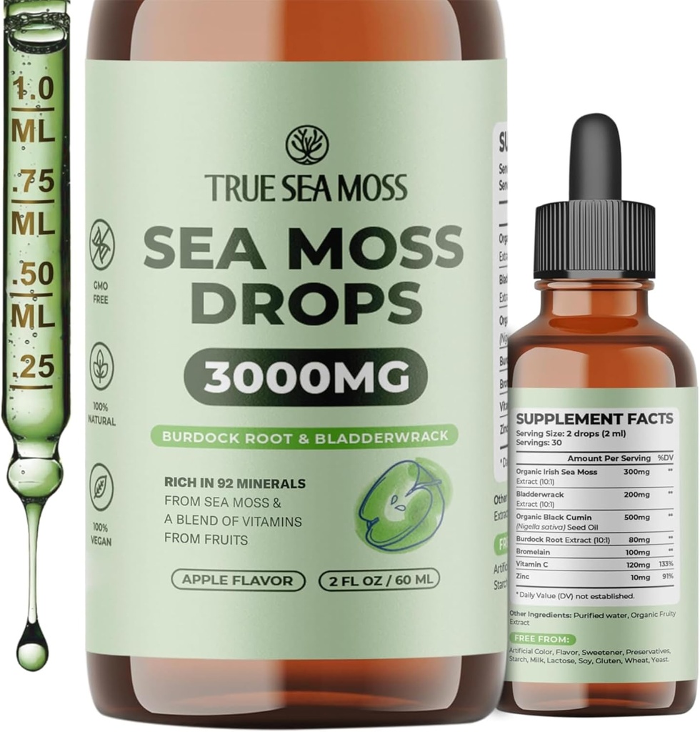 3000mg Gotas de Moss del Mar Irlandés con Root Burdock " Bladderwrack for Digestive System " Muscle Recovery Support - 2 Fl Oz Apple NW1