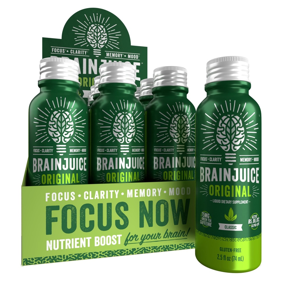 BrainJuice Focus &amp; Energy Drink Shots, Nootropics with Alpha GPC, B Vitamins & Organic Green Tea Caffeine, Supports Focus, Memory & Clarity, Non-GMO, Gluten Free, Classic, 2.5 fl oz, 12 Pack