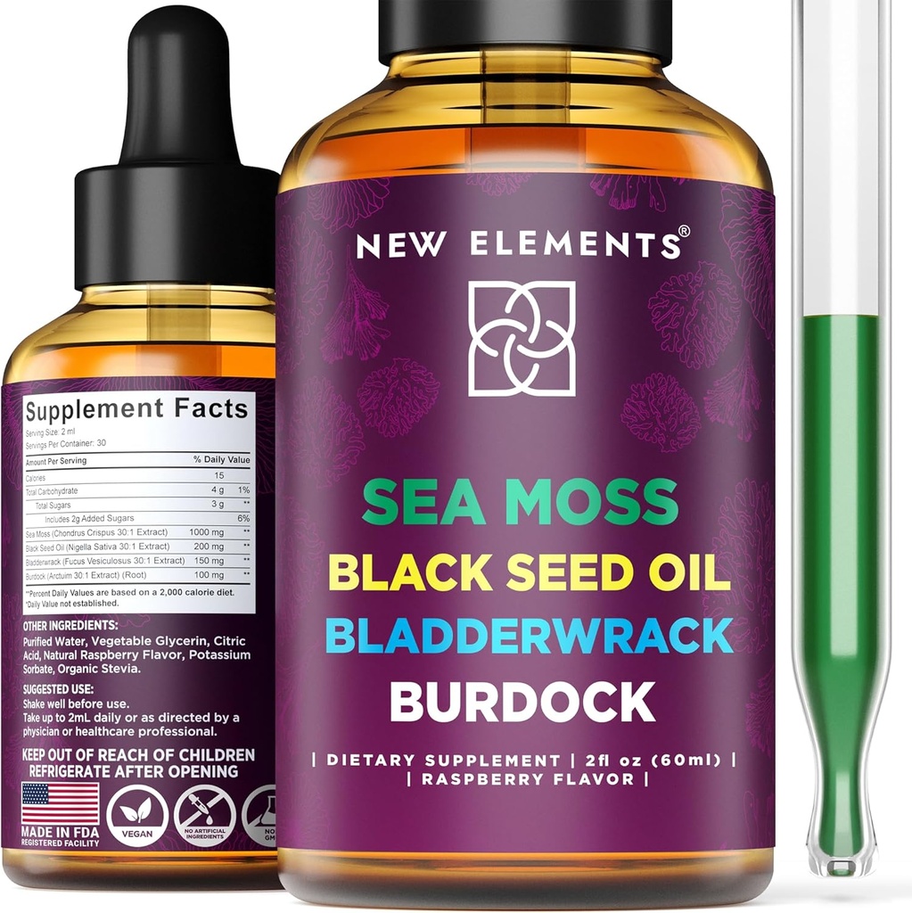 Orgánica Mos de Mar Líquido Extracto con Aceite de Semillas Negras, Fledderwrack & Burdock Root  1000mg Irish Sea Moss Drops ← 4 in 1 Advanced Fórmula 4X Stronger ← Raspberry Flavor Silencio Vegan ← Non-GMO  Gluten-Free