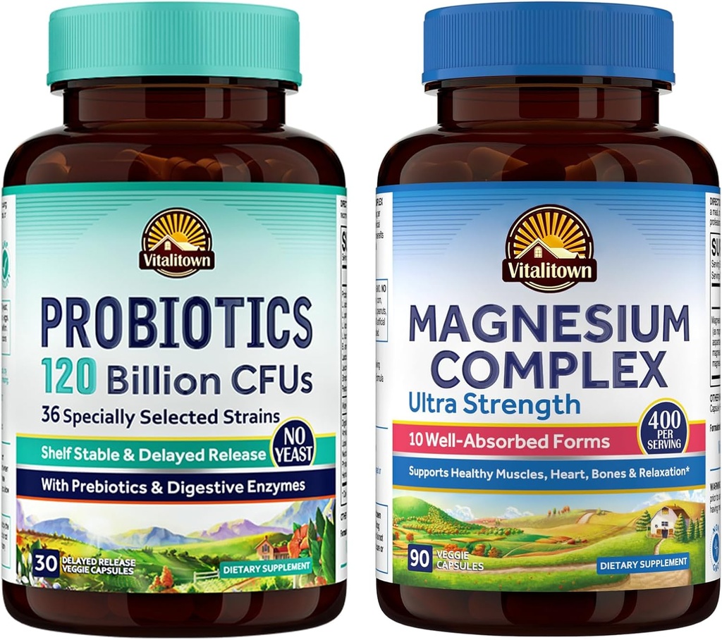 Vitalitown Probiotic + Magnesium Bundle (Pack of 2) ← Probiotics 120 Billion (Item 1) & 6-in-1 Magnesium Complex (Item 2) ← Gut, Bone, Muscle, Sleep Health TEN Vegan ANTE 30 Capsules & 120 Capsules