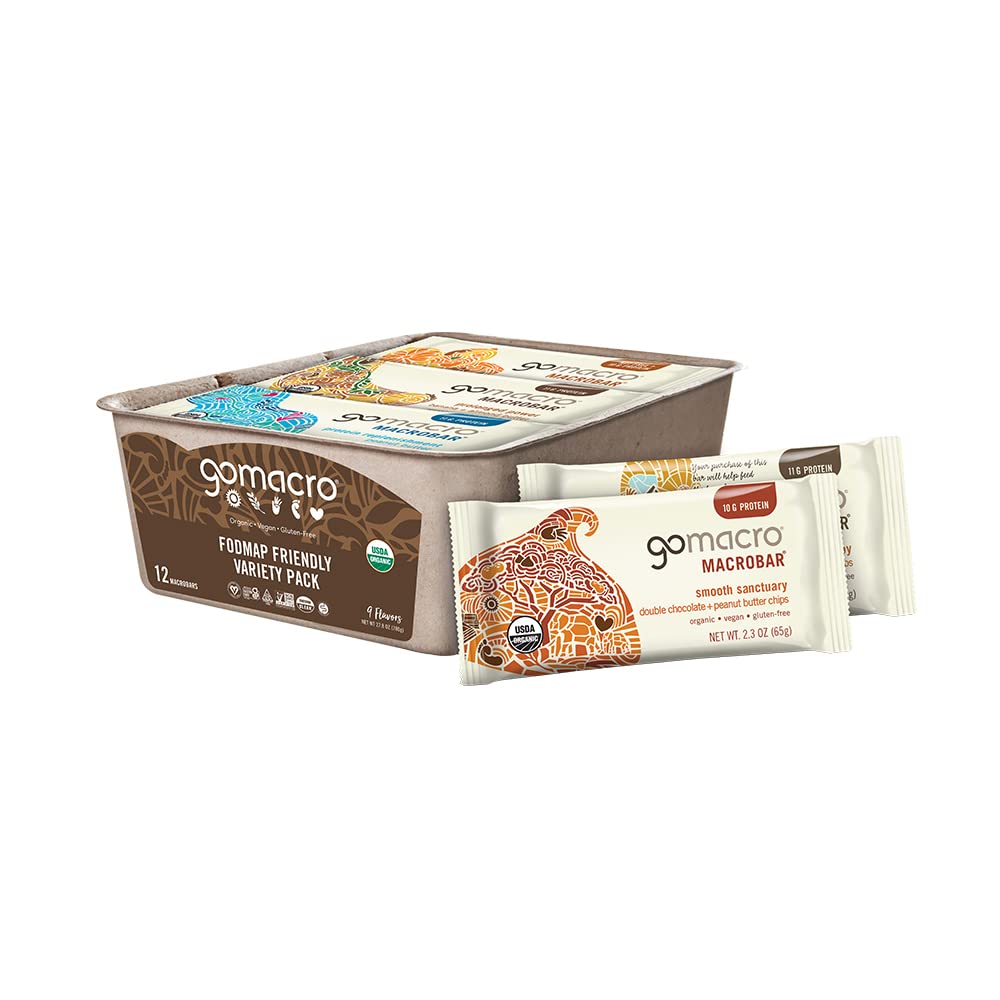 GoMacro MacroBar Barras orgánicas de proteína Vegan - FODMAP Friendly Variety Pack (2.0-2.3 Ounce Bars, 12 Cuentas)