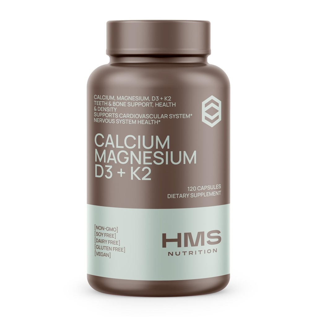 Calcio, Magnesio, Vitaminas D3 + K2 para la salud ósea, Apoyo inmunitario, Suplemento calcium de huesos y dientes para hombres, no transgénicos, libre de gluten, 120 cápsulas