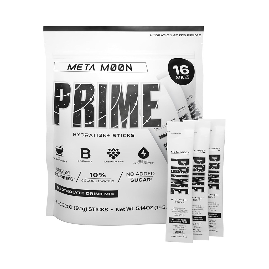 PRIME HYDRATION+ Pegatinas META Moon ← Hidration Powder Single Serve Sticks ← Electrolyte Powder On The Go ← 250mg BCAAs, B Vitaminas, Antioxidantes TEN Low Sugar TEN Caffeine-Free TEN Vegan TEN 16 Pegatinas