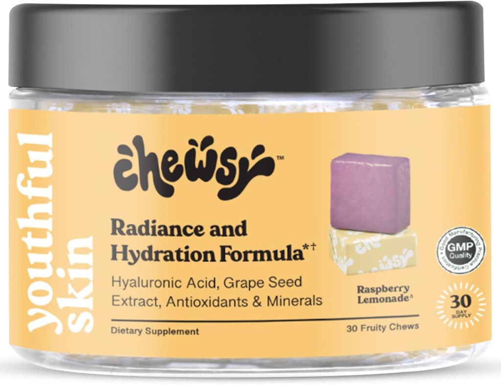 Piel Juvenil Chewsy, Vitaminas Frutas, Fórmula de Radiancia y Hidración, Ácido Hialurónico, Extracto de semillas de uva, Antioxidantes & Minerales, Vitaminas Raspberry Lemonade Flavor 30-Day Supply