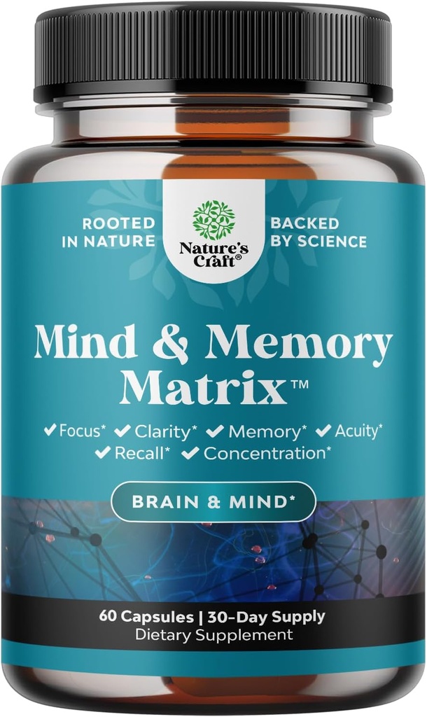 Matrix Nootropic Brain Supplement for Memory and Focus Enhancement - Vitaminas para la Salud Mental & Clarity - Complejo Cognitivo para Adultos de Toda la Edad Vitalidad de la Mente - 60 cápsulas