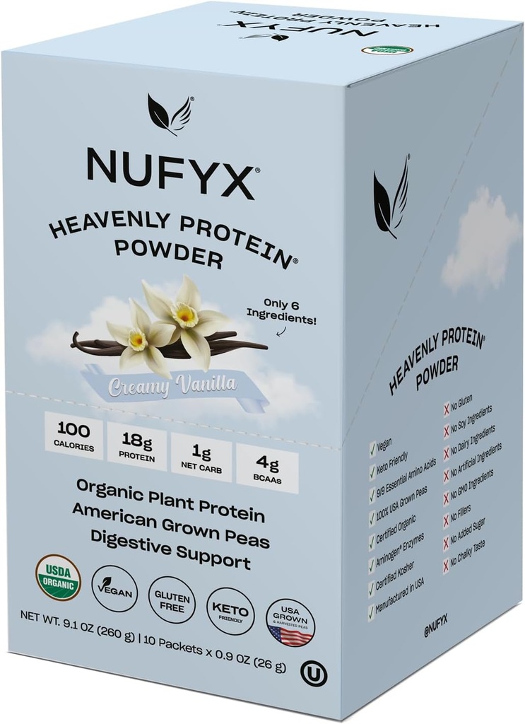 NUFYX® • Pólvora Skyly Protein® • Pétalos cultivados 100% orgánicos del mundo • Vegan • Gluten Gratis • Baja Carb (Creamy Vanilla, Box of 10 Packets)