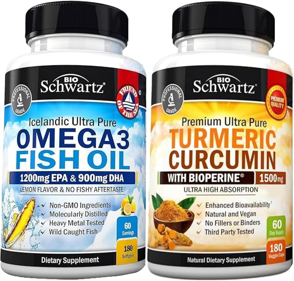 Triple Fuerza Omega 3 Fish Oil Softgels (2 Mes de Suministro) Más Curcumina Turmérica con Black Pepper Extract Complejo de 1500mg (2 Mes de Suministro)