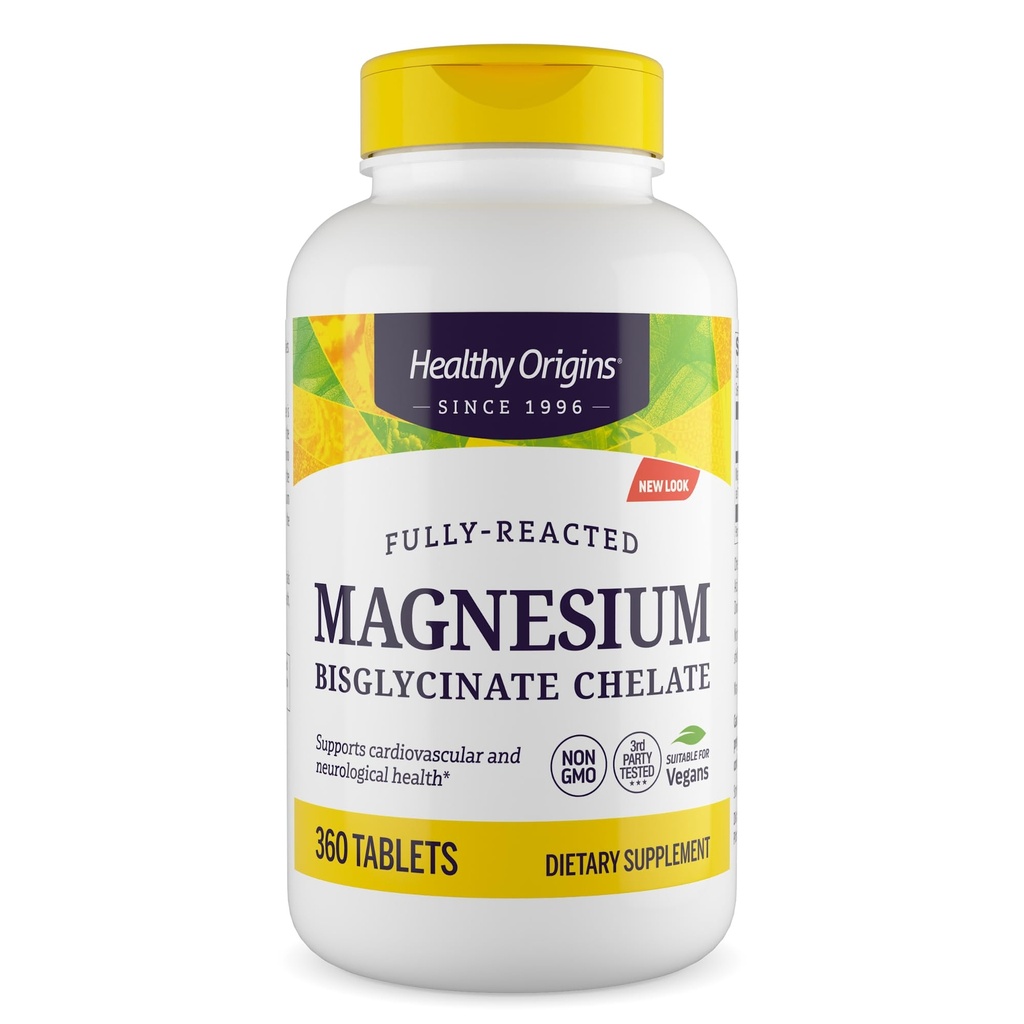 Orígenes saludables Magnesium Bisglycinate Chelate (No-GMO, Gluten Free, Cardiovascular Support, Bone Support, Neurological Support, Vegan), 360 Tablets