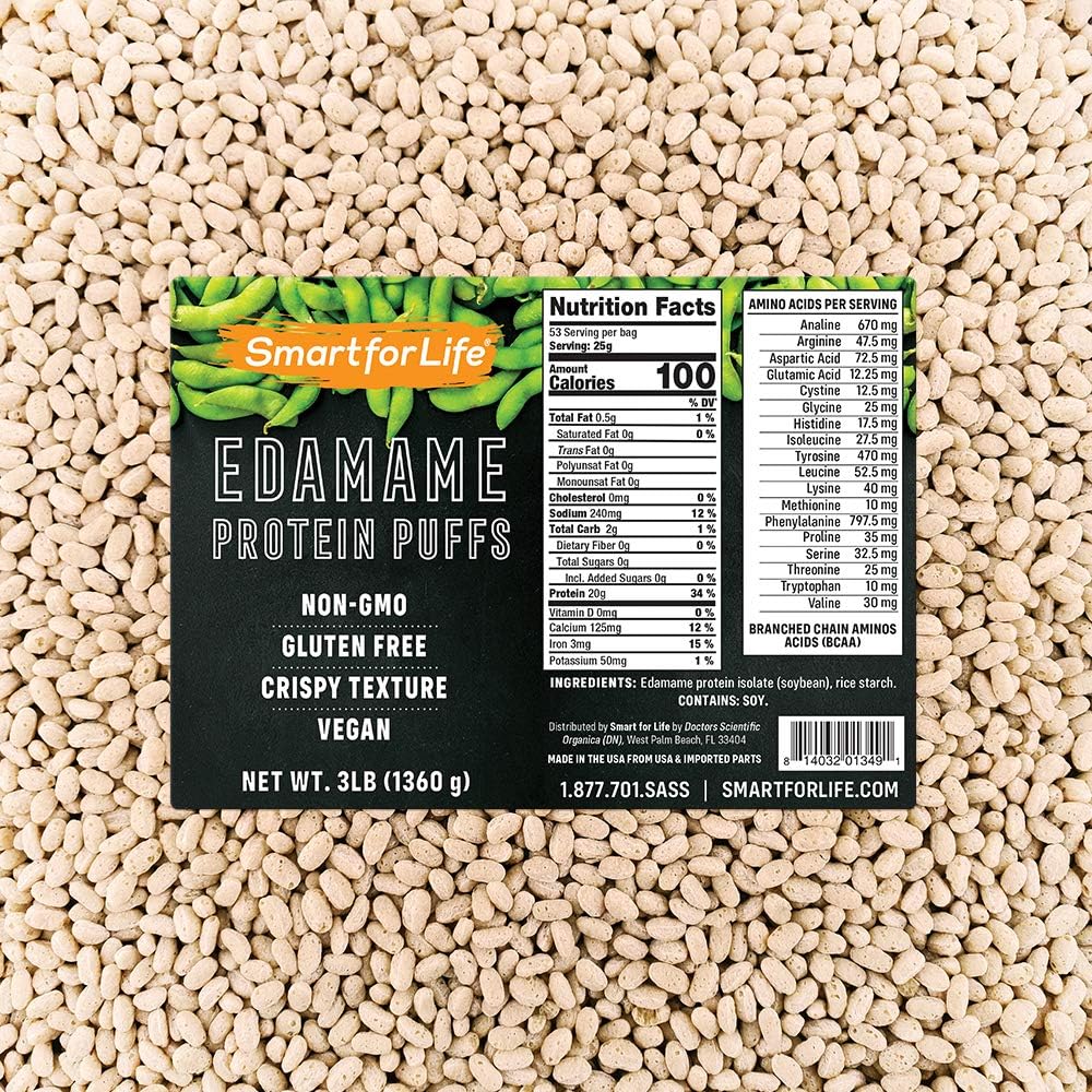 Smart for Life Soy Protein Puffs from Edamame - High Protein Zero Sugar Soy Protein Isolate Puffs - 20 Grams Protein Snacks - Non-GMO, Gluten-Free - 3 Pound Box - 53 Servings - Soy Puffs...
